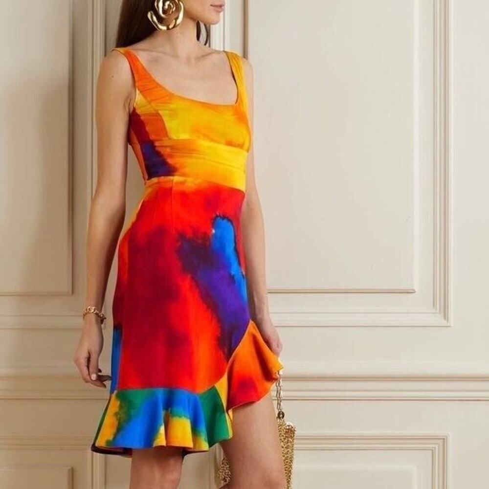 RTR PACO RABANNEAsymmetric ruffled tie-dyed stretch-jersey mini dress Sz 34 2